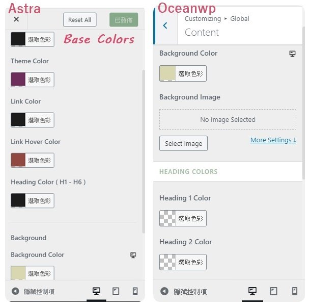 Astra 跟 OceanWP 在自訂欄位中顏色的全域控制差異